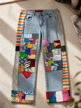 Earthy Wise Woman One-of-a-Kind Quilted Patchwork Jeans